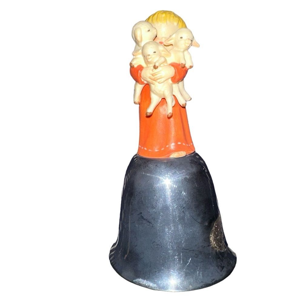 Anri Ferrandiz Girl with 3 Lambs Figurine on Reed & Barton Silver Plated Bell